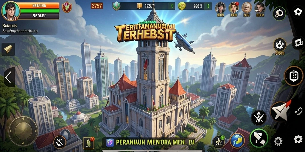 Screenshot gameplay dari 2757 yang menunjukkan pertahanan menara yang strategis.