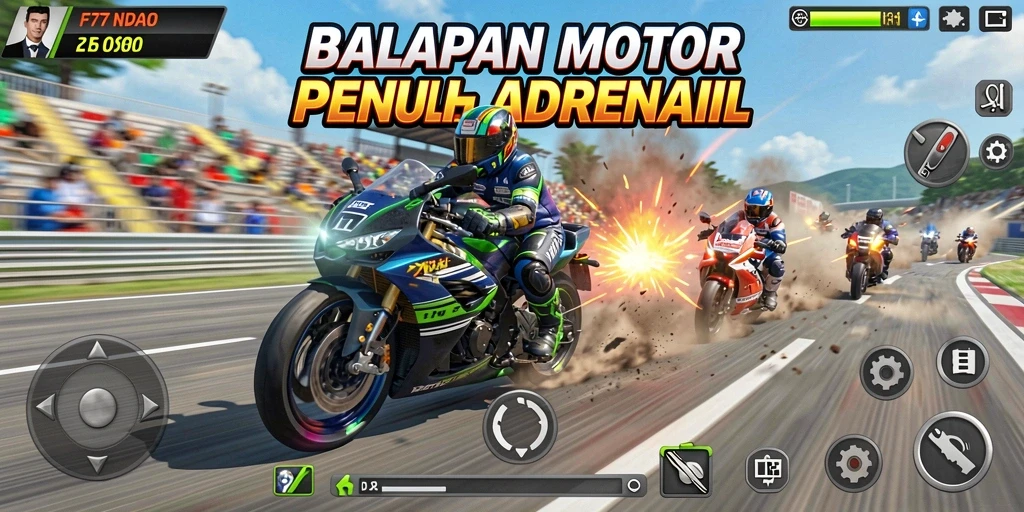 Gameplay seru balapan motor di trek berbukit.