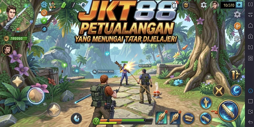 Screenshot menunjukkan aksi seru dalam game JKT88 dengan lingkungan petualangan yang luas.