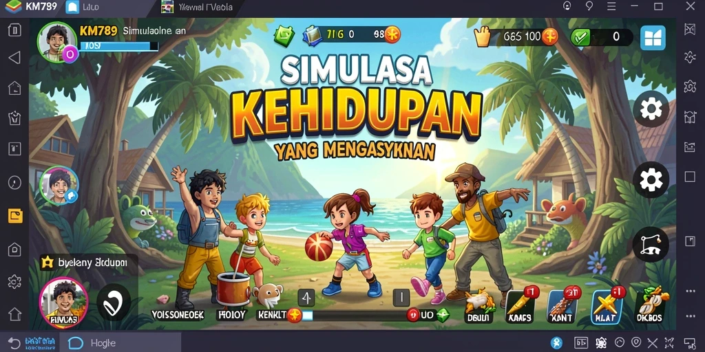 Screenshot gameplay KM789 menampilkan karakter yang berinteraksi dalam dunia simulasi.