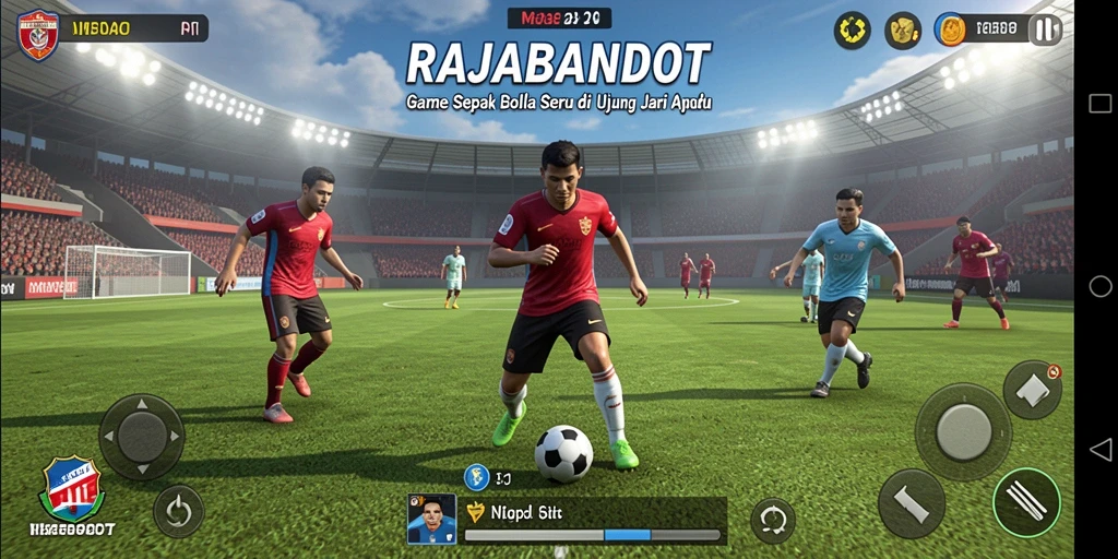 Tangkapan layar utama dari gameplay RAJABANDOT menampilkan aksi mendebarkan di lapangan.
