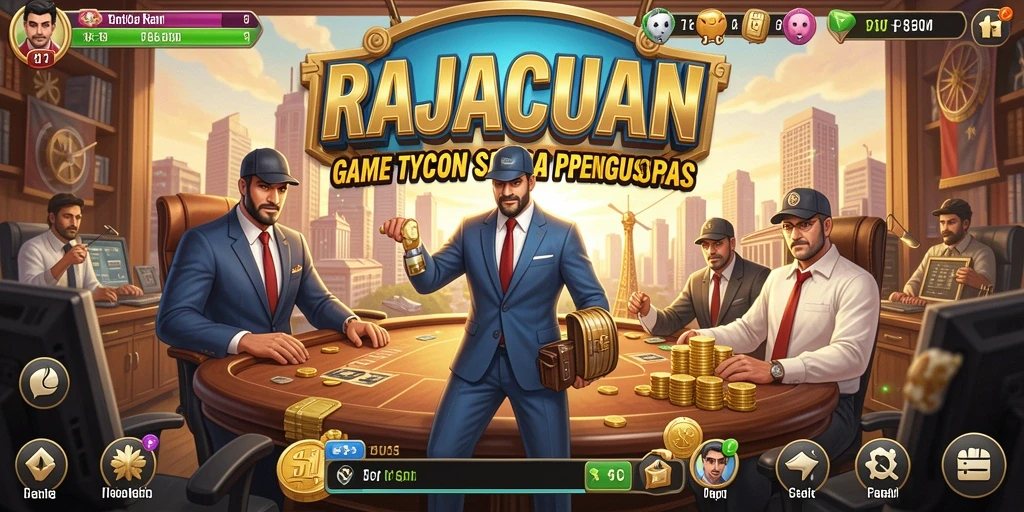 Tampilan gameplay RAJACUAN yang menampilkan aktivitas bisnis yang dinamis.