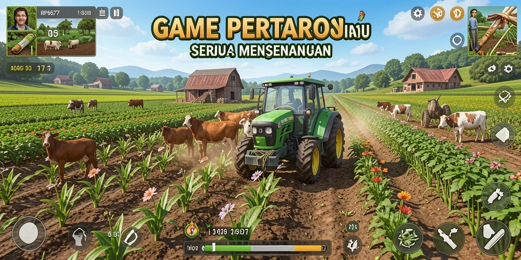 Tampilan gameplay RP6677 dengan ladang yang subur dan interaksi petani.