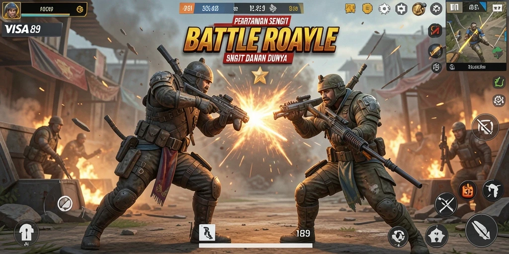 Tangkapan layar utama VISA89 menunjukkan aksi Battle Royale yang mendebarkan.